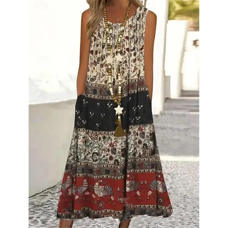 bfgxjl1716538056255.webp Women's Maxi Dress Tank Dress Ombre Floral Pocket Print Crew Neck Midi Dress Daily Vacation Sleeveless Summer Spring - Image 1