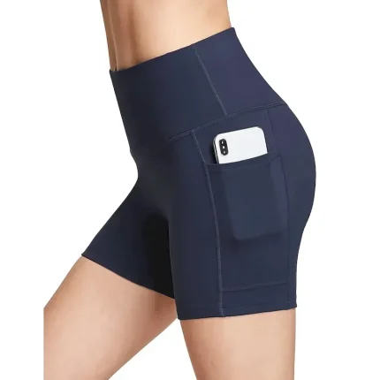 Women's Wide Band Waist Sports Shorts With Phone Pocket Solid Colored High Waist Elastic Yoga Running Bottom Pants