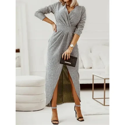 Women's Black Dress Party Dress Wedding Guest Dress Ruched Split V Neck Long Sleeve Formal Winter Dress Silver Black Spring Fall