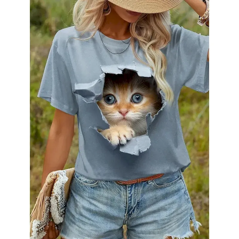 ikxixh1712136651485.webp Women's T shirt Cute Kitten Peekaboo Graphic Crew Neck Short Sleeve Casual Daily Wear Soft Comfortable Unique Print Top Blue Regular and Plus Size - Image 1