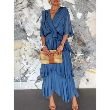 Women's Maxi Dress A Line Dress Solid Color Summer Dress Ruffle Dress Casual Daily Regular Fit Graphic Half Sleeve V Neck Pink Navy Blue Blue Fuchsia Summer