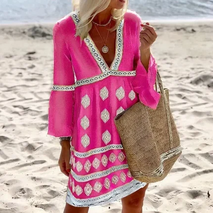 Women's Mini Dress Mini Dress Petite Dress Ethnic Dress Shift Dress Boho Dress Vacation Classic Casual Outdoor Vacation Holiday Regular Fit Geometric Long Sleeve V Neck Black Blue Gold Summer Spring