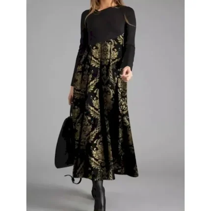 Women's Maxi Dress Work Dresses Semi Formal Office Regular Fit Floral Geometric Long Sleeve Crew Neck Black White Yellow Blue Spring Fall Winter