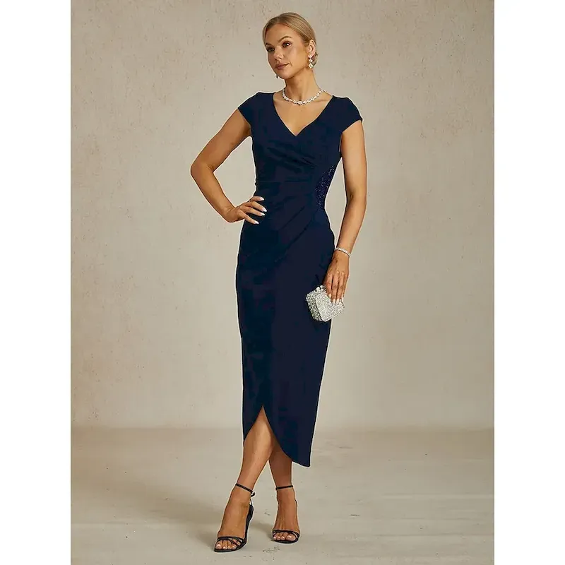 rbenlm1758542224611.webp Women's Maxi Dress Sheath Dress Elegant Regular Fit Solid Color Short Sleeve V Neck Navy Blue Summer Spring - Image 1