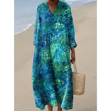 Women's Midi Dress V Neck Long Sleeve Kaftan Lightweight Loose Fit A Line Dress Casual Boho Going out Floral Graphic Long Sleeve V Neck Pink Blue Light Purple Fuchsia