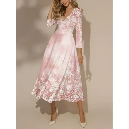 Women's Midi Dress Swing Dress Semi Formal Dress A Line Dress Print Dress Fashion Streetwear Modern Formal Outdoor Vacation Regular Fit Floral 3/4 Length Sleeve V Neck Pink Fall Winter